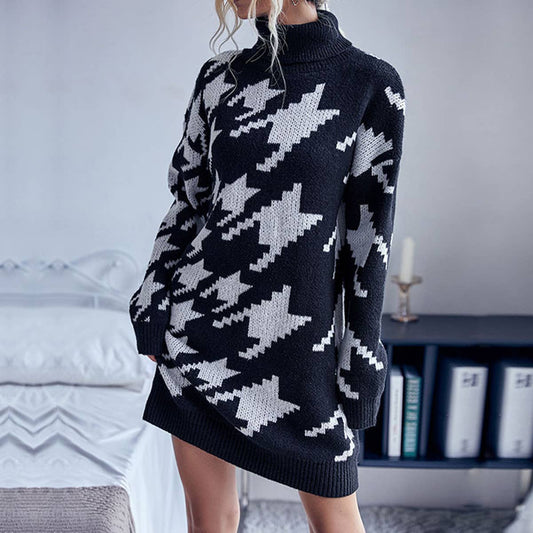 TURTLENECK LONG-SLEEVED PLAID SWEATER DRESS