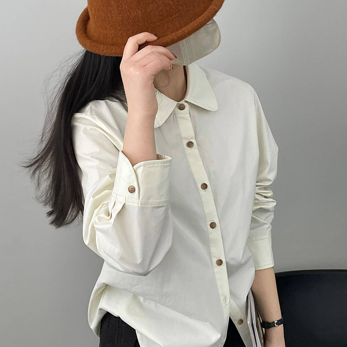 Solid color doll collar washed cotton shirt