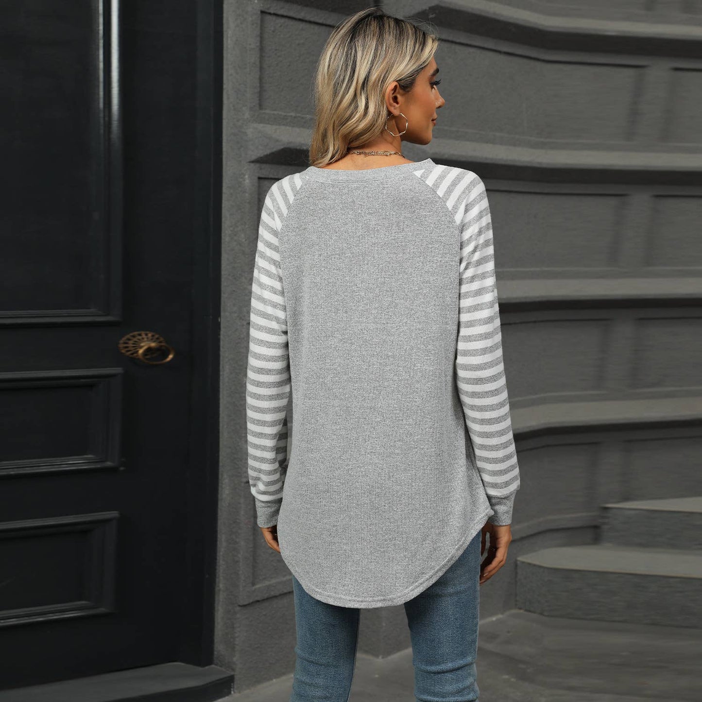 STRIPED PATCHWORK CREW NECK LONG SLEEVE T-SHIRT