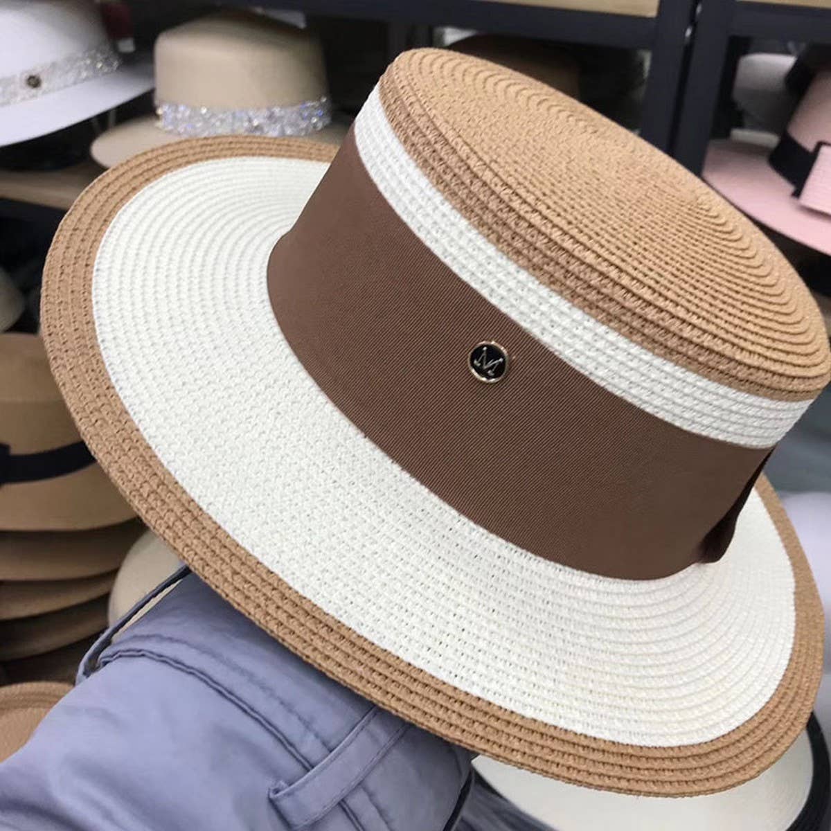 Designer fashion flat top straw hat for women_CWAH3438