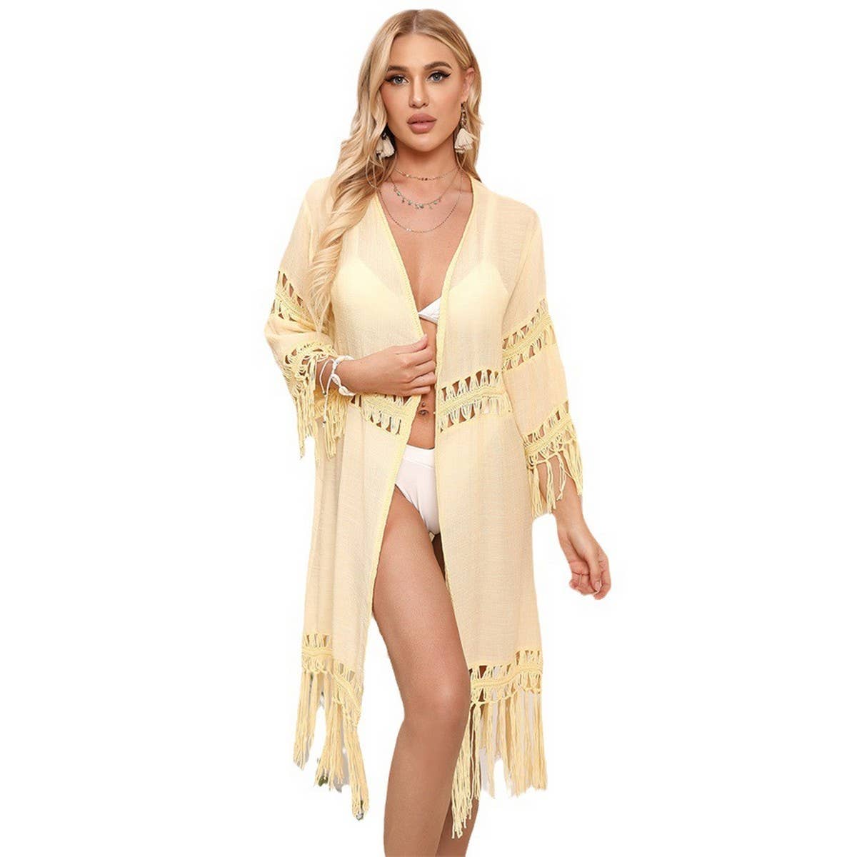 PANELED TASSEL LOOSE CARDIGAN BEACH COVER-UP_CWMM1238