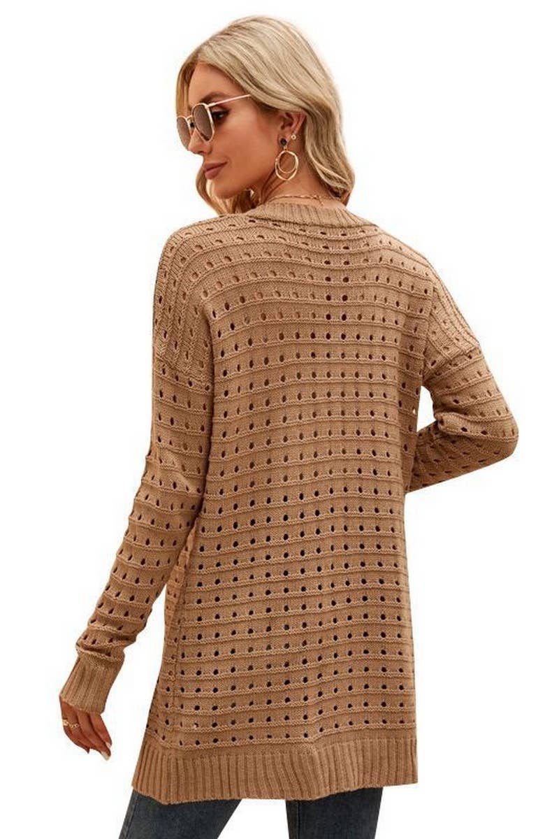 CWOCAL0769_SOLID COLOR HOLLOW LONG KNITTED CARDIGAN