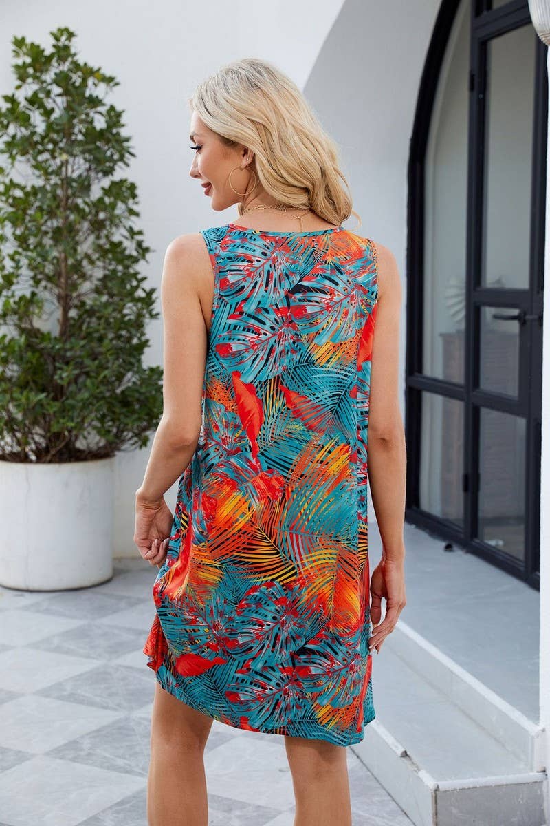 CWDSD7289_PRINTED SUSPENDERS LOOSE CASUAL SLEEVELESS DRESS