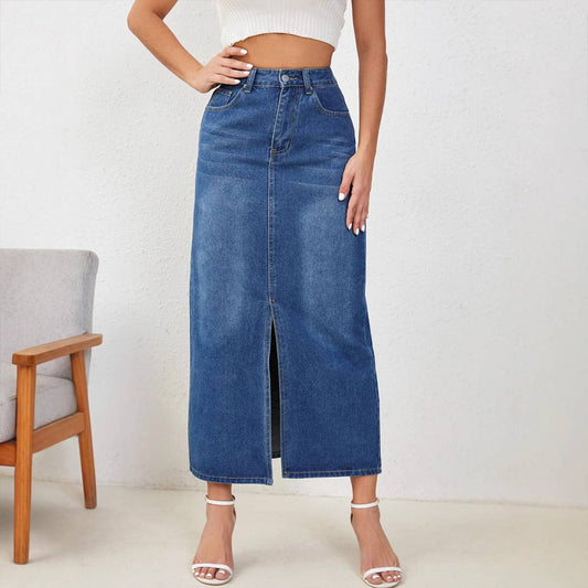 Casual retro straight slit long denim skirt
