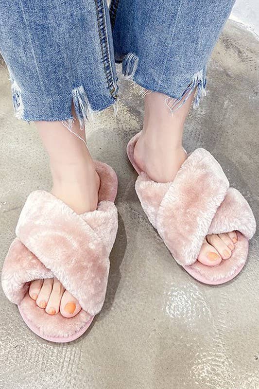 CROSS STRAP FLUFFY CASUAL SLIPPERS