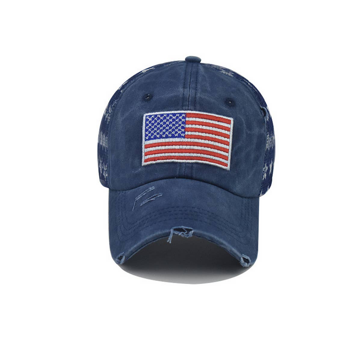 Washed Cotton Distressed Star US Flag Ponytail Cap CWAH1379