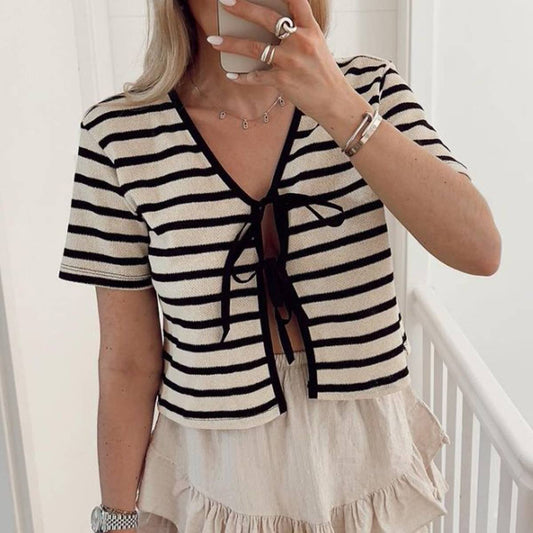 Striped lace-up patchwork short sleeve cardigan