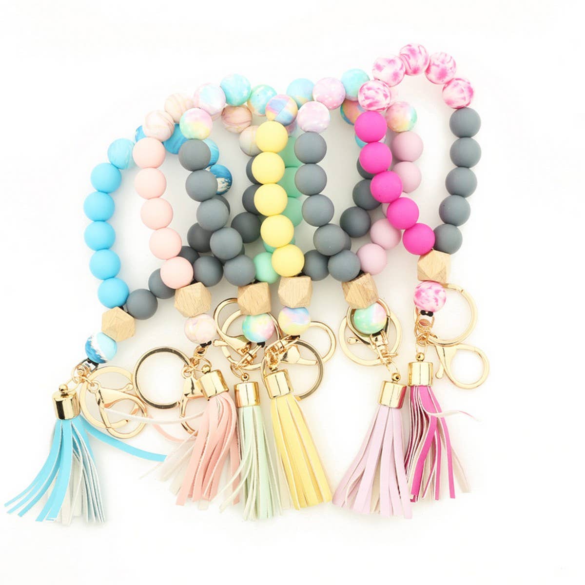 Silicone & Wood Bead Bracelet with Leather Keychain