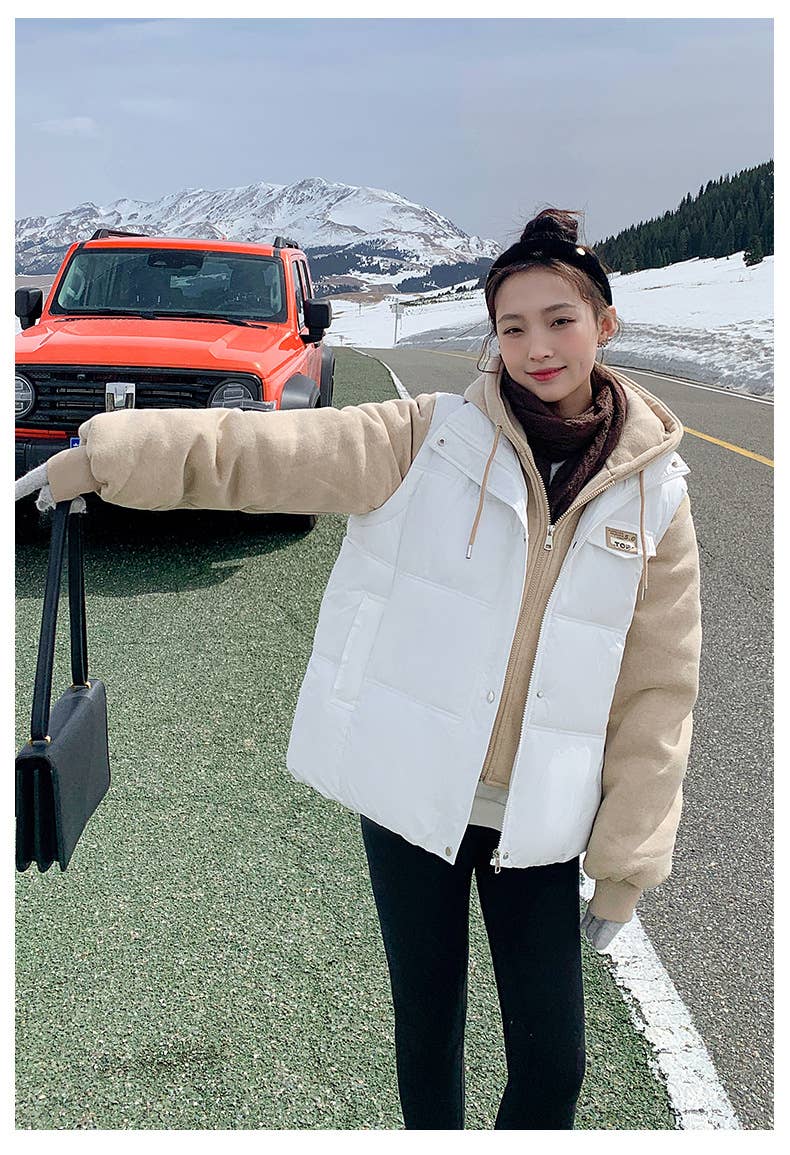 Fake two pieces loose contrast color padded coat