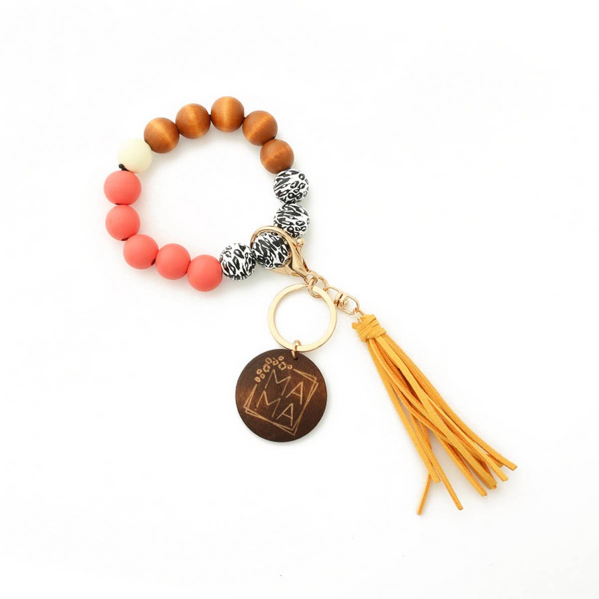 Leopard Wood Bead Bracelet with Tassel Keychain_CWAB5013