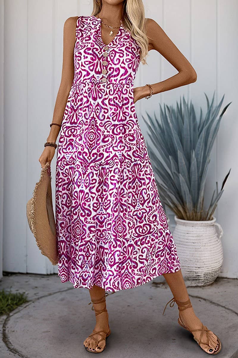 CWDMD4491_V-NECK PRINTED BUTTON SLEEVELESS DRESS