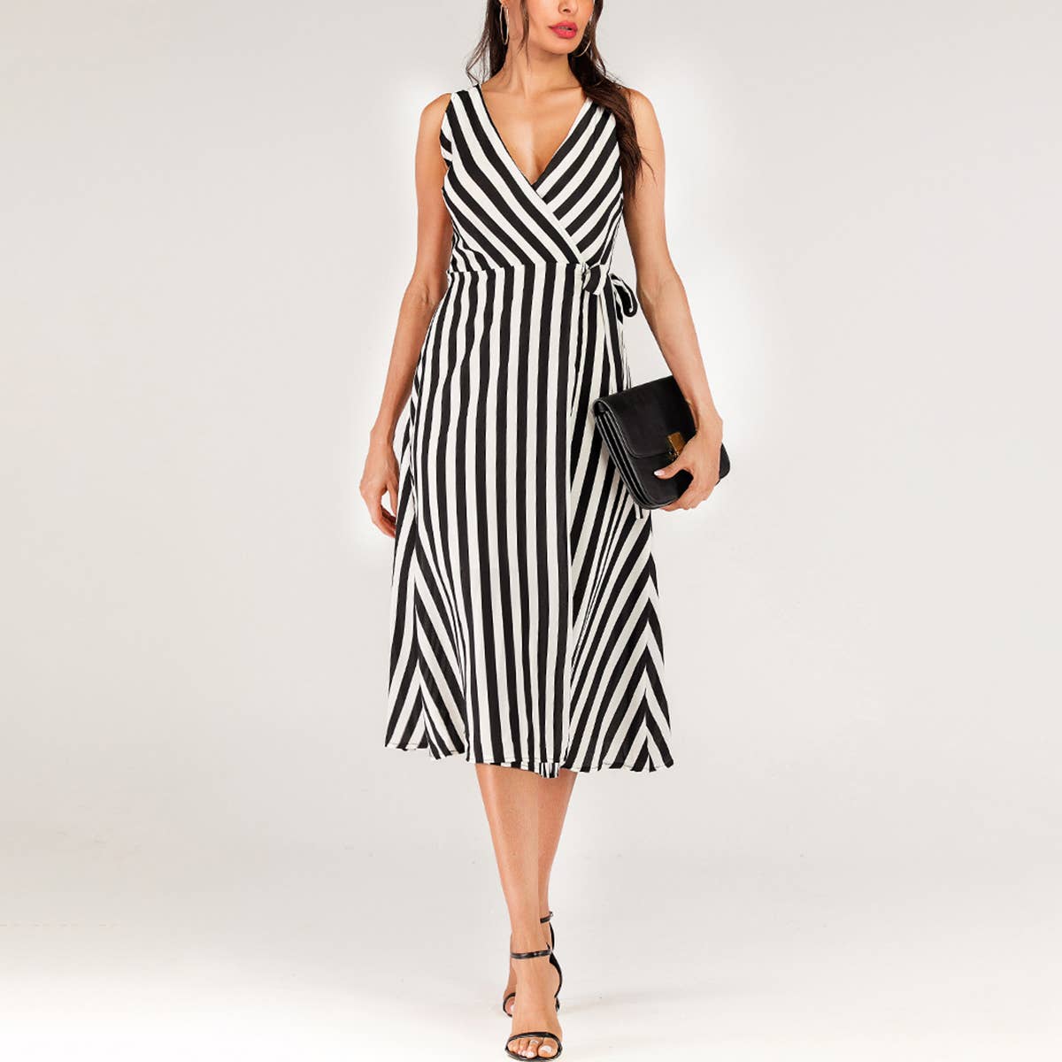 Striped sleeveless dress with lace-up V-neck