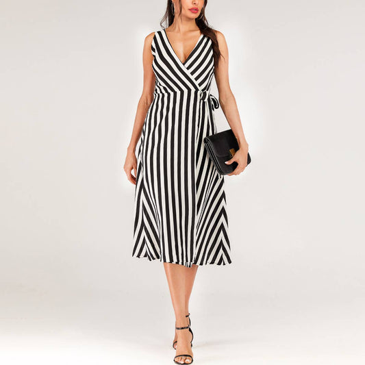 Striped sleeveless dress with lace-up V-neck