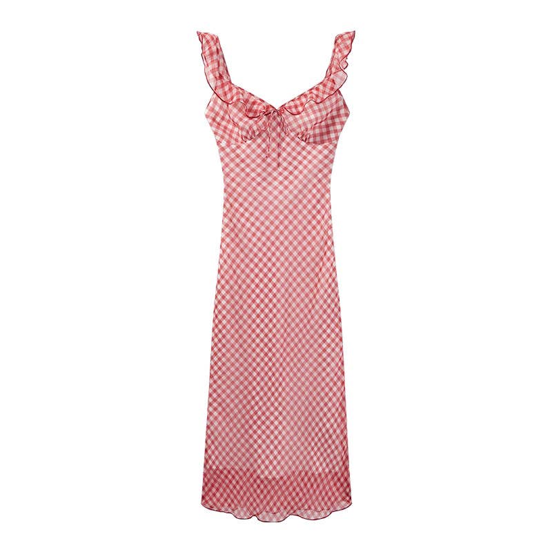 Retro tea break vacation checkered halter dress