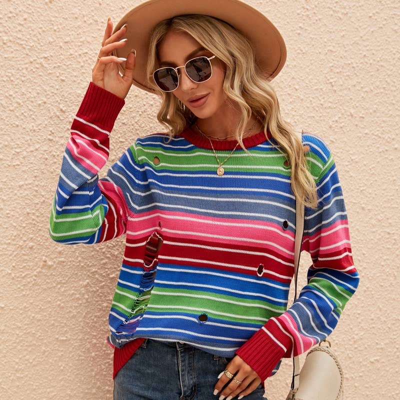 Striped color loose casual ripped sweater