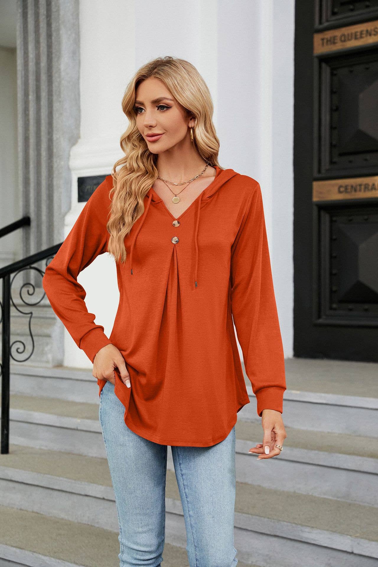 V-NECK BUTTON-UP HOODIE LOOSE LONG-SLEEVED HOODIE