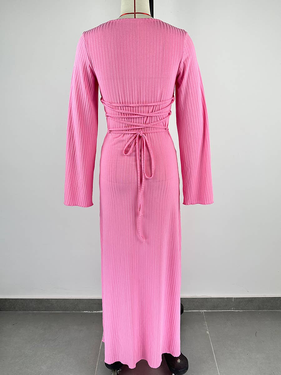 Big Pit Strip Long Sleeve U-Neck Dress_Cwdmd3185