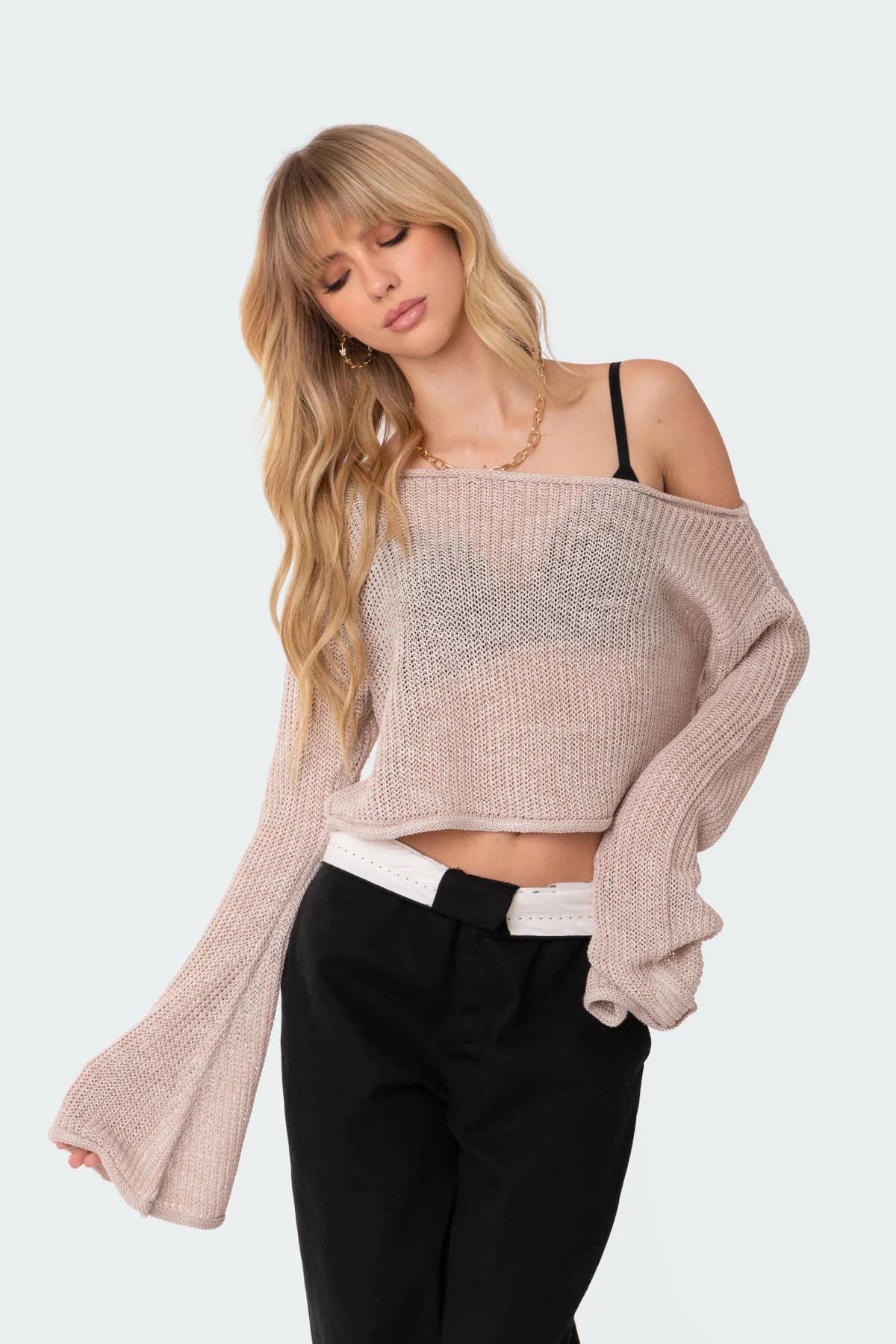 See-through flared sleeve pullover knitted smock