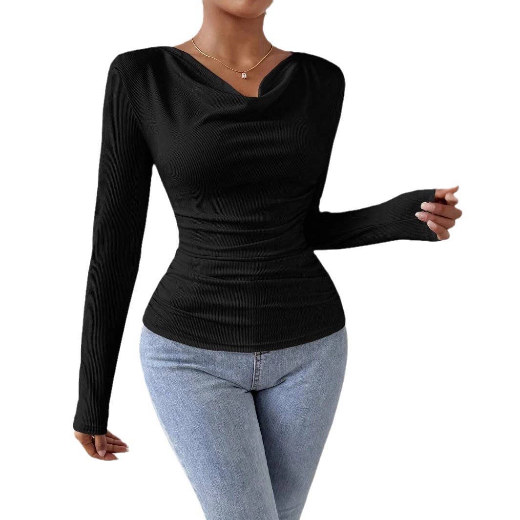 SWING NECK PLEATED SOLID COLOR SLIM-FIT T-SHIRT