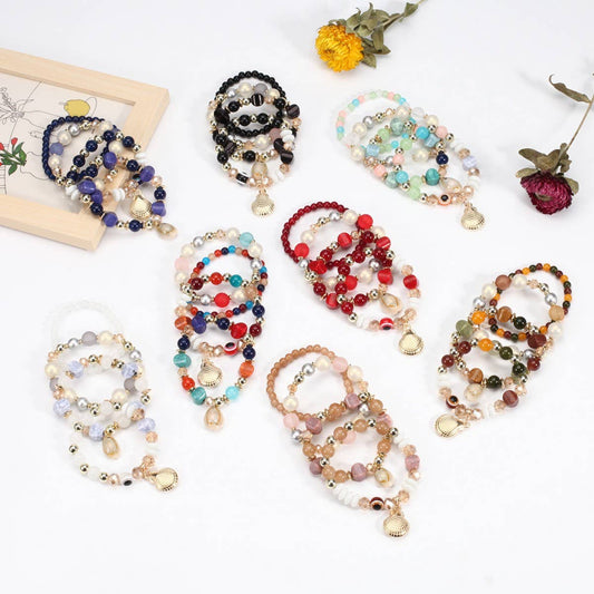 CWAJE05692_BOHO SHELL PEARL ELASTIC EVIL EYE BRACELET