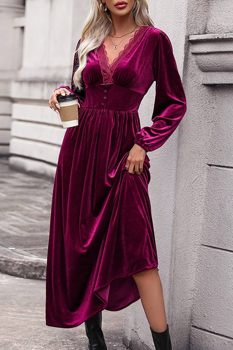 CWDMD4815_SOLID COLOR HIGH-GRADE VELVET LONG-SLEEVED DRESS
