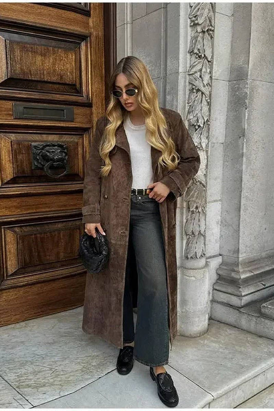 CWOCO1075_DOUBLE BREASTED LAPEL FAUX LEATHER LONG COAT