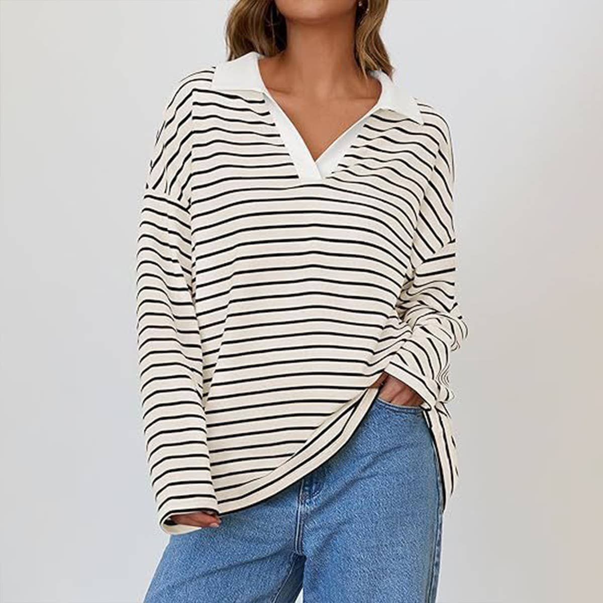STRIPED V-NECK LOOSE LONG-SLEEVED HOODIE