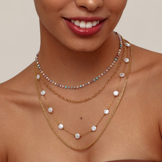 FOUR-LAYER CRYSTAL STONE PENDANT CHAIN NECKLACE