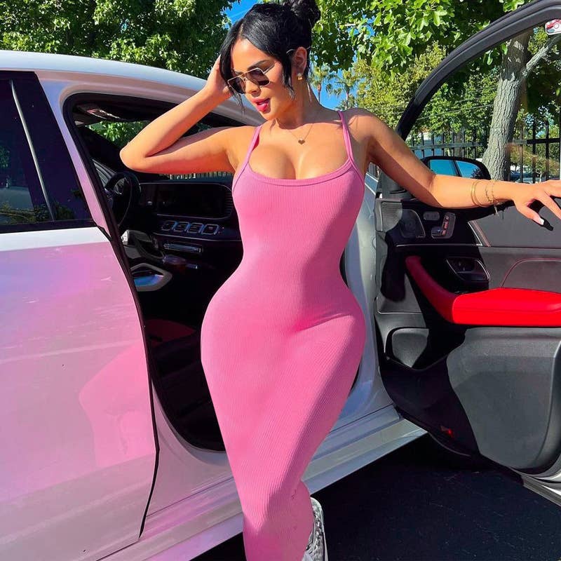 Sexy slim drop pit strip long halter dress