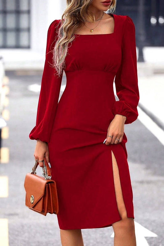 CWDMD4022_SIDE SLIT SQUARE NECK WAIST SLIMMING MIDI SKIRT