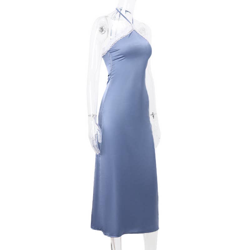 Backless one-shoulder halter lace dress