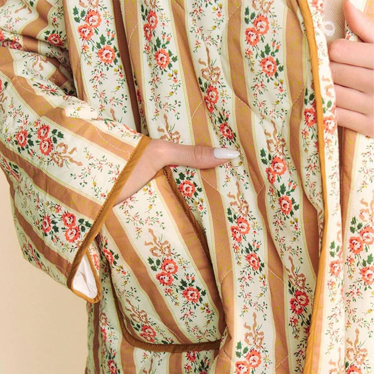 STRIPED FLORAL PRINT LOOSE QUILTED JACKET_CWOJA1552