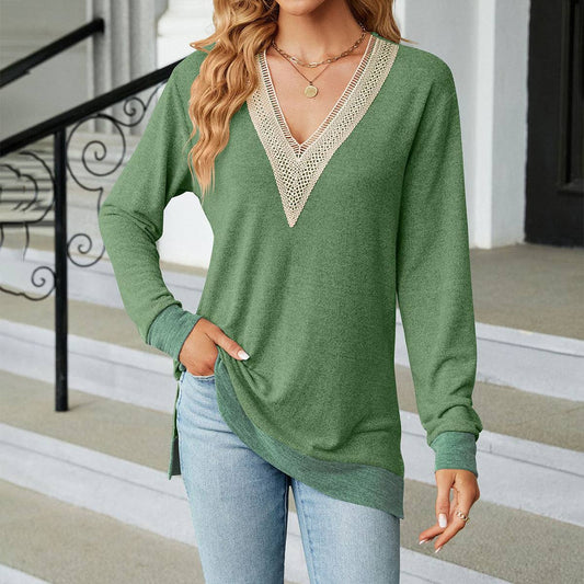 Lace V-neck contrasting color long-sleeved Top