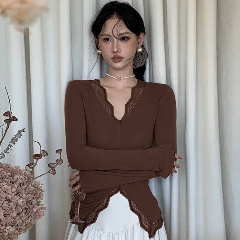 SOLID COLOR V-NECK SEXY LACE PATCHWORK TOP