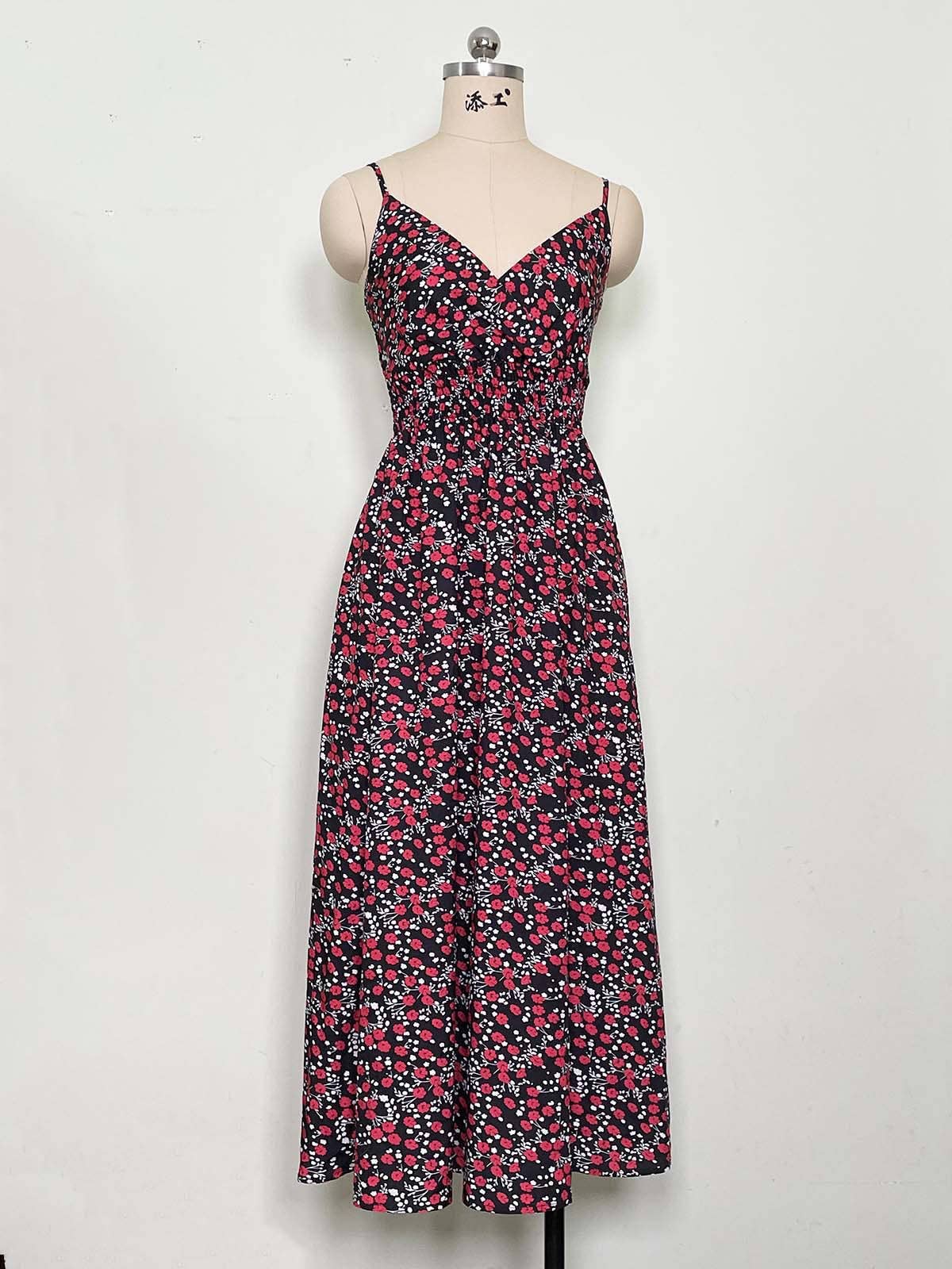 PRINTED HALTER V-NECK WAIST DRESS