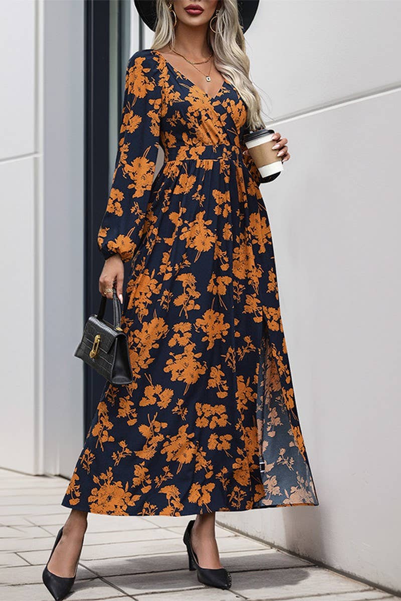 CWDMD4865_NEW AUTUMN LONG SLEEVE V-NECK PRINTED DRESS