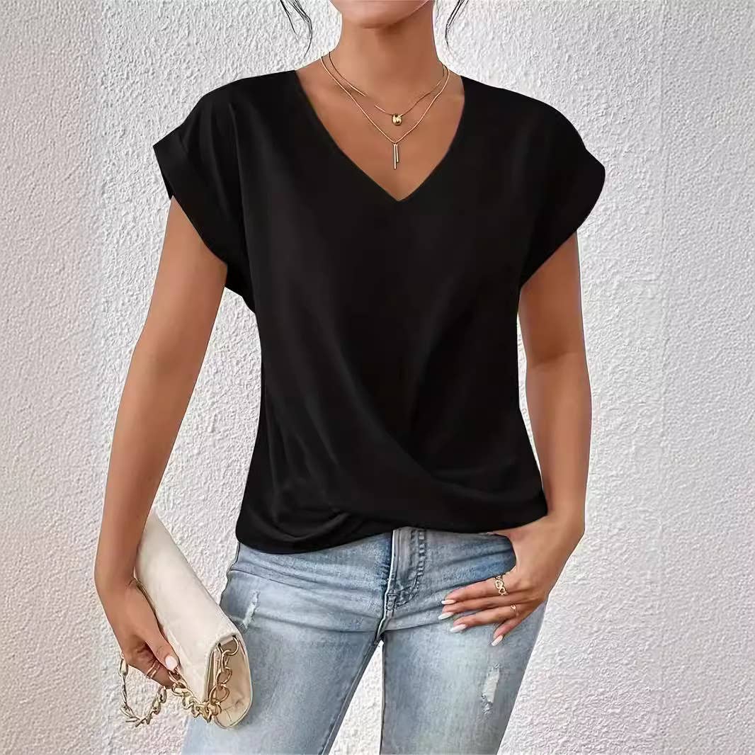 Elegant short-sleeved solid-color V-neck T-shirt