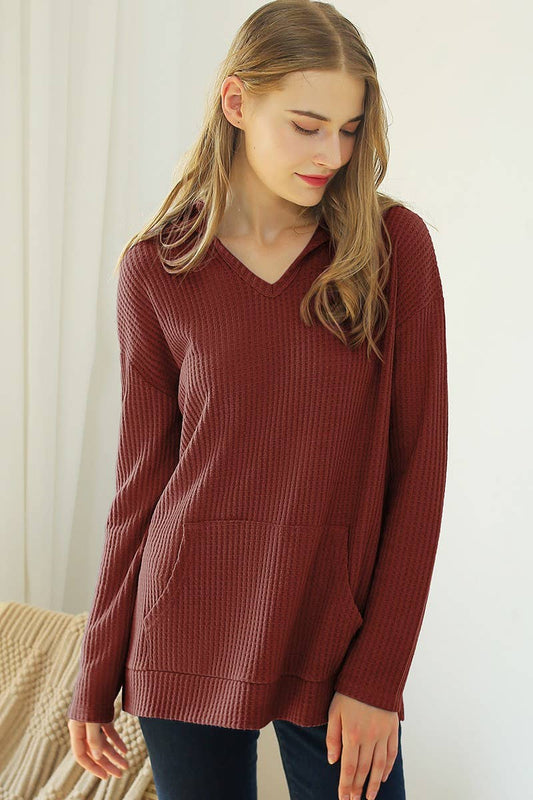 Cwttl1428_V Neck Hoodie And Pocket Pullover Sweater Knit