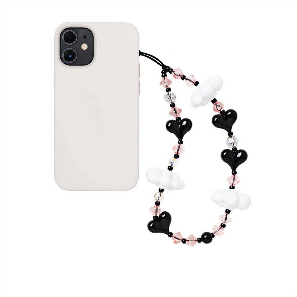 CWMM8725_WHITE CLOUD HEART BEADED MOBILE PHONE CHAIN