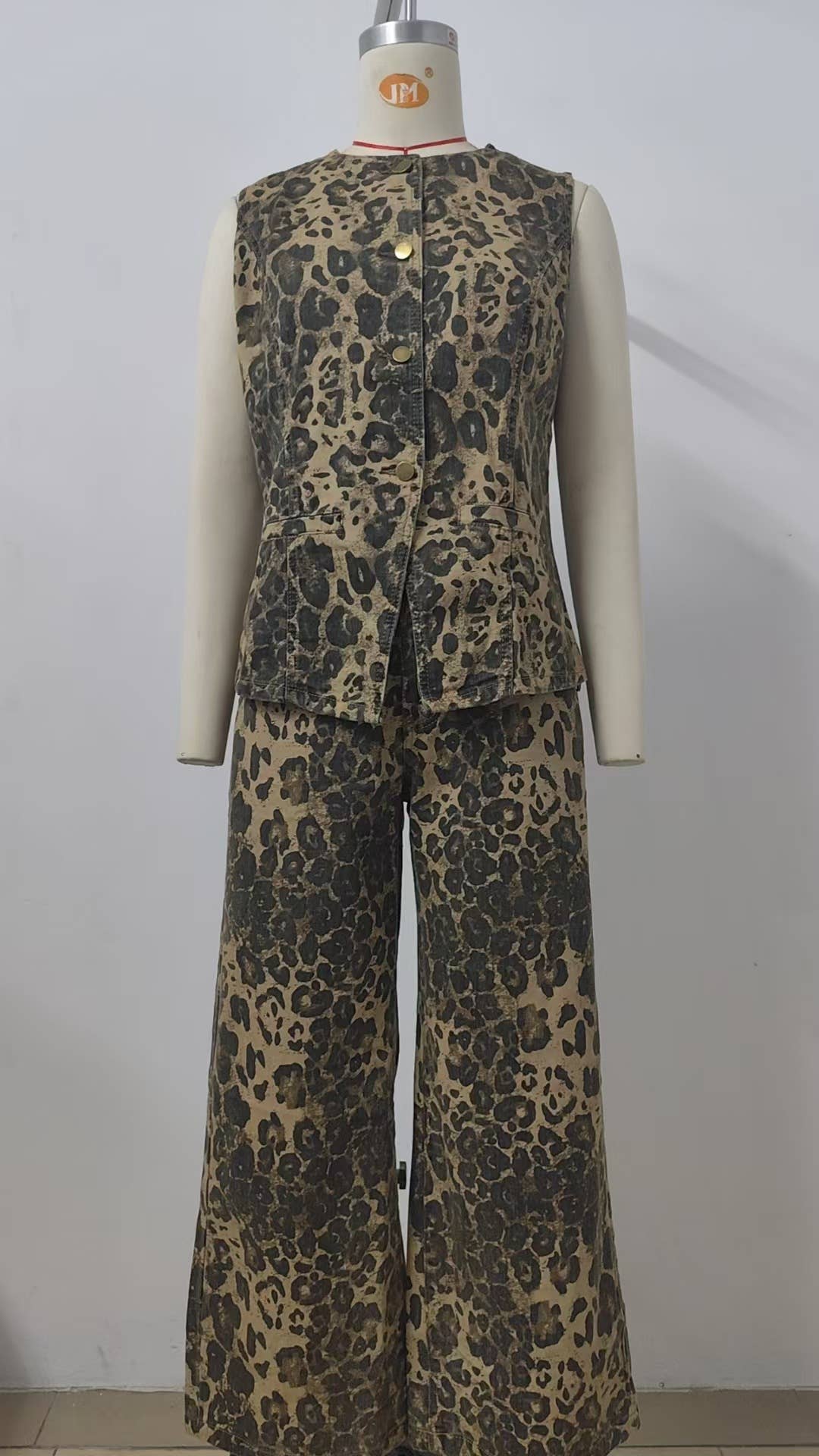 Washed American retro leopard print denim set
