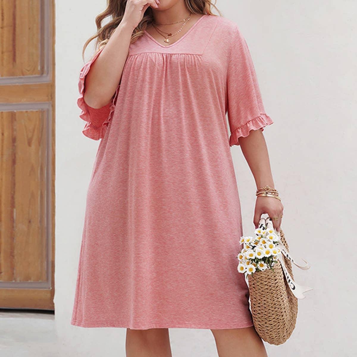 SOLID COLOR PLUSSIZE CHIFFON V NECK CASUAL DRESS_CWDSD3143