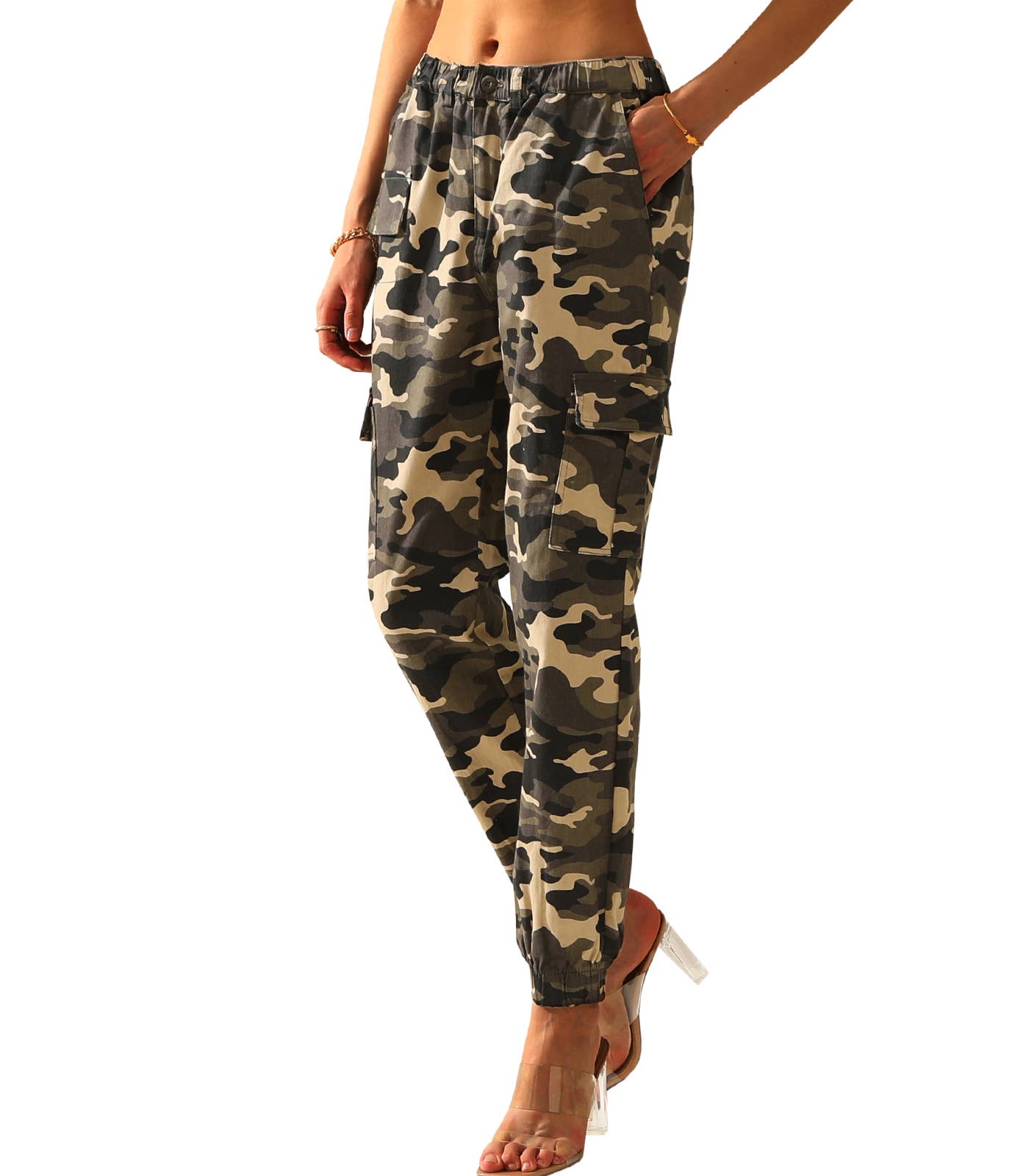 CWBLP400-1_Elastic Waist Camo Cargo Pants Cotton Work Pants