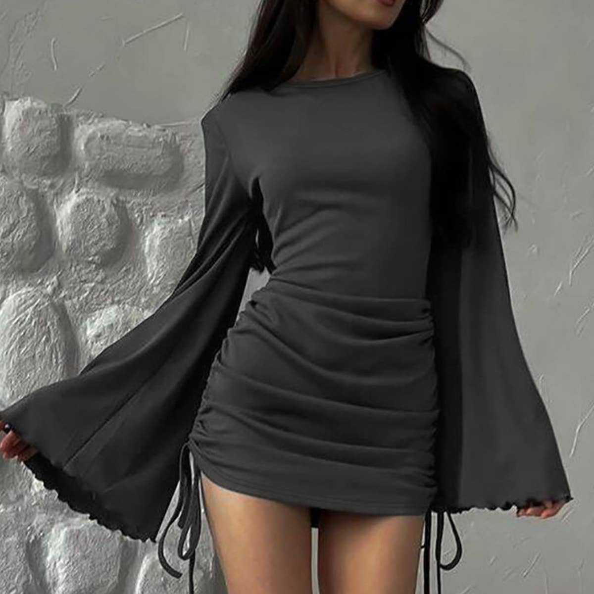 Flared sleeve drawstring hip-hugging dress