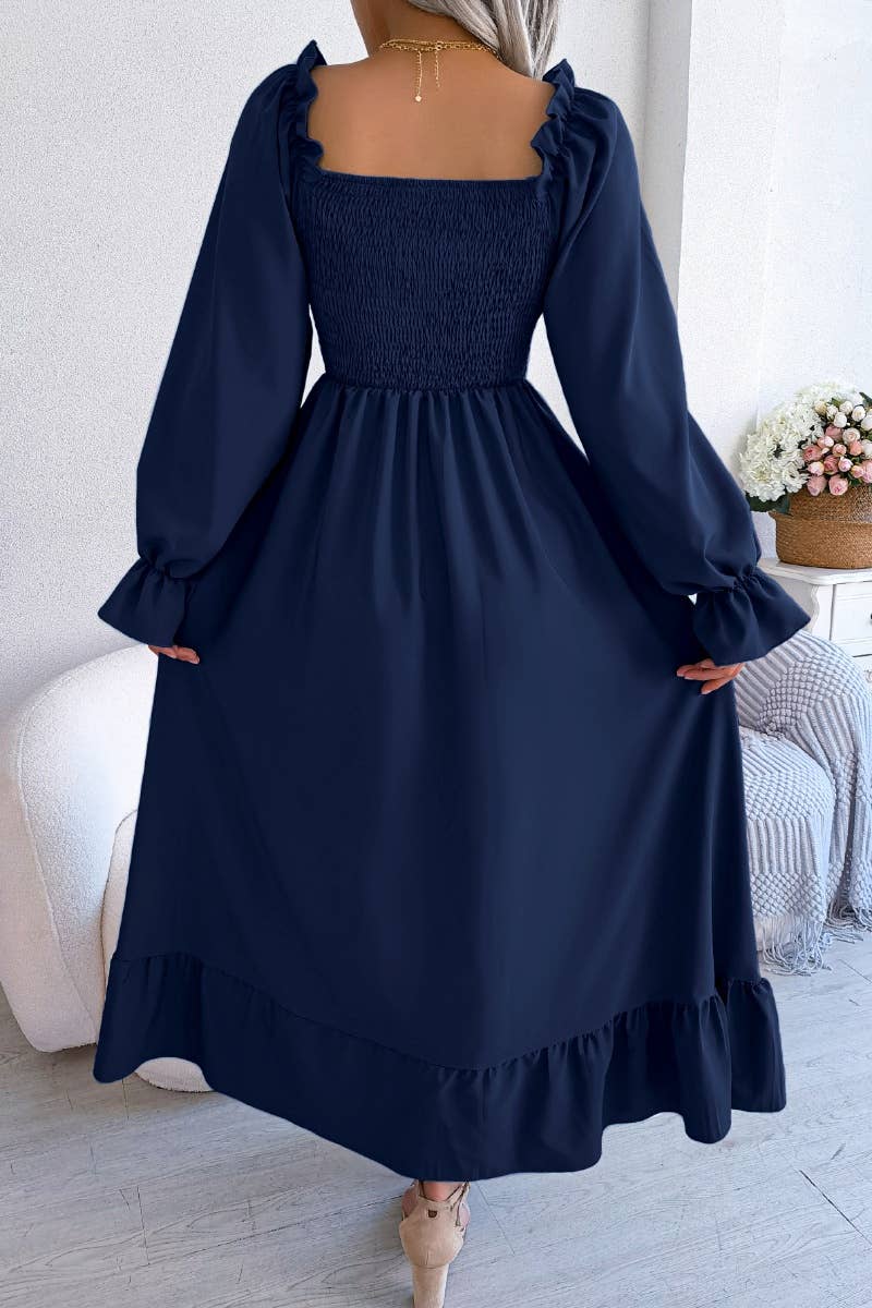 CWDMD2663_RUFFLED DRESS WITH SQUARE COLLAR FLARED SLEEVES