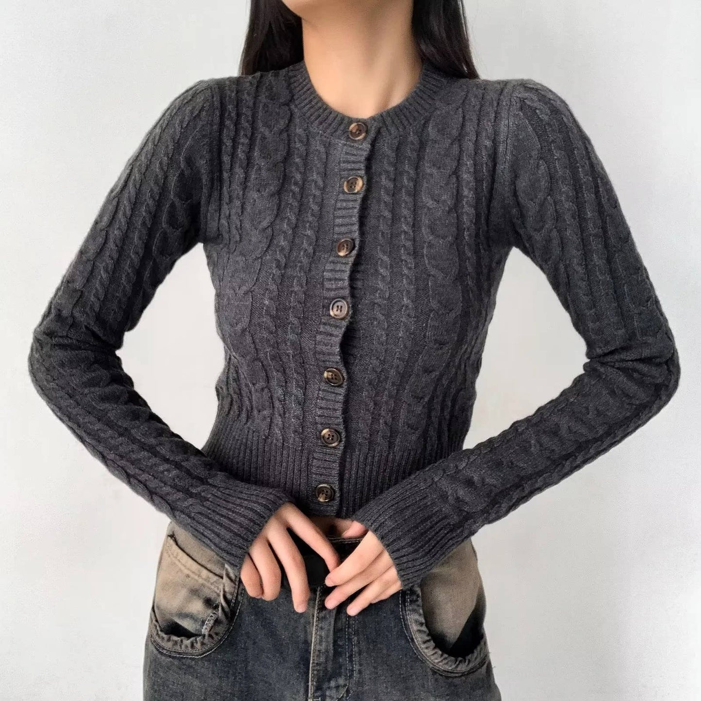 VINTAGE BUTTON-TWIST KNIT SHORT CARDIGAN SWEATER