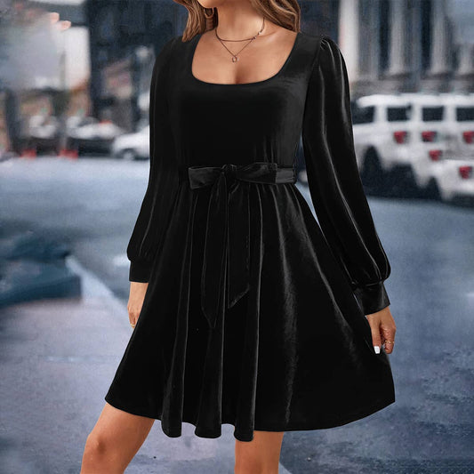 VELVET SQUARE COLLAR WAIST LONG SLEEVE DRESS