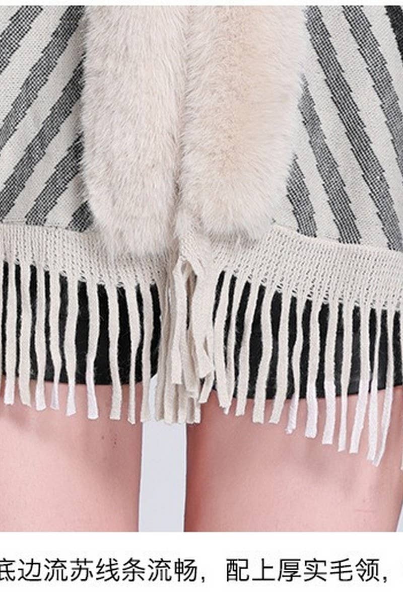 CWOCAL0971_STRIPED FRINGED KNITTED CAPE CARDIGAN