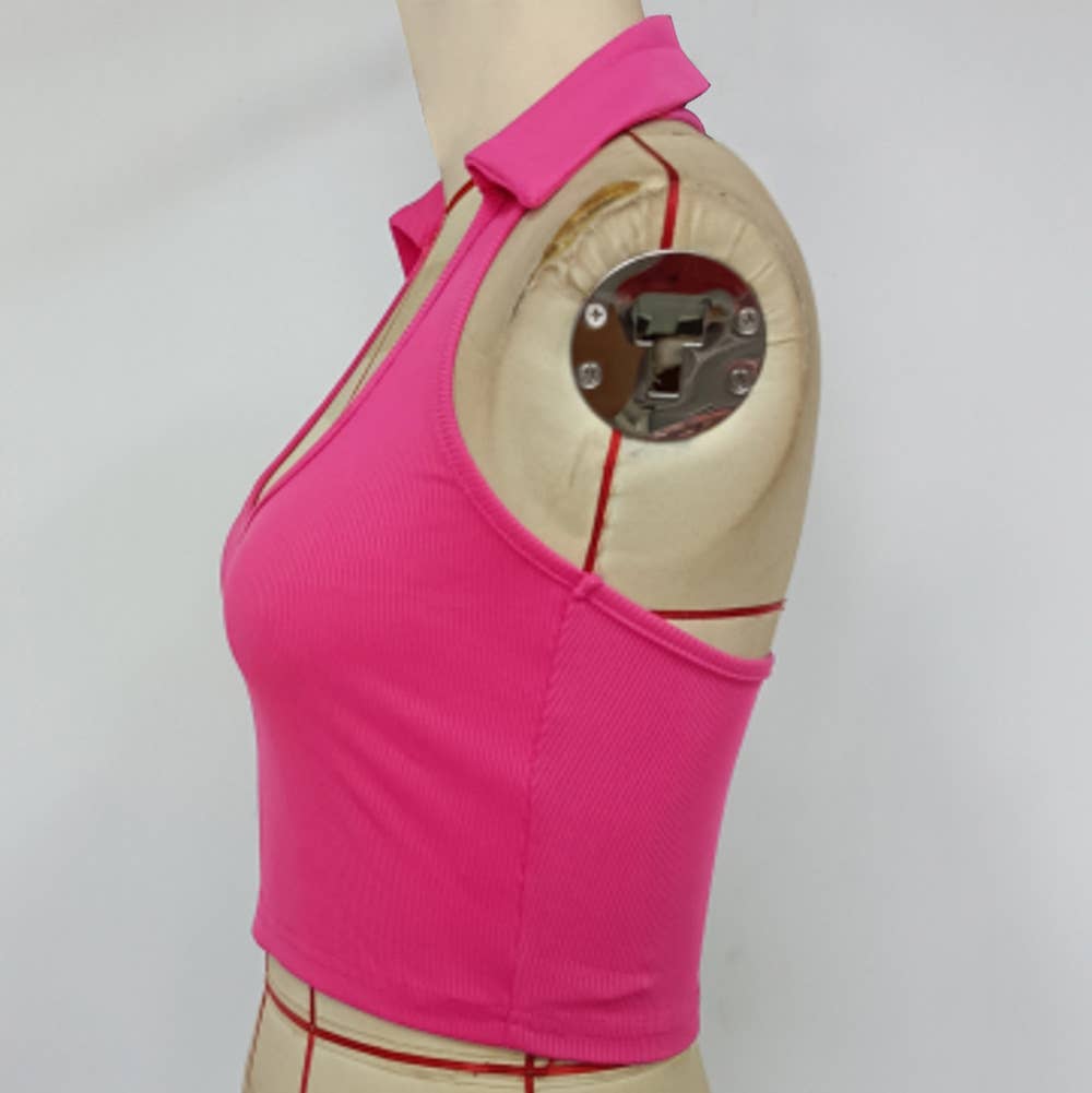 Stylish knitted pit strip lapel cropped tank top