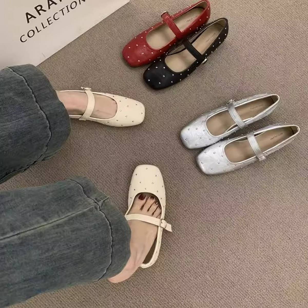 Red Studded Mary Janes with Hidden Wedge_CWSHF0133