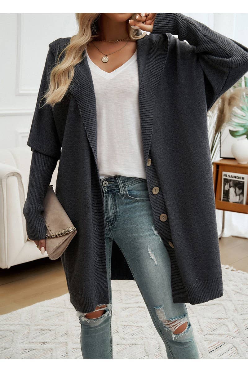 CWOCAL0873_Button Up Hooded Knit Sweater Long Cardigan